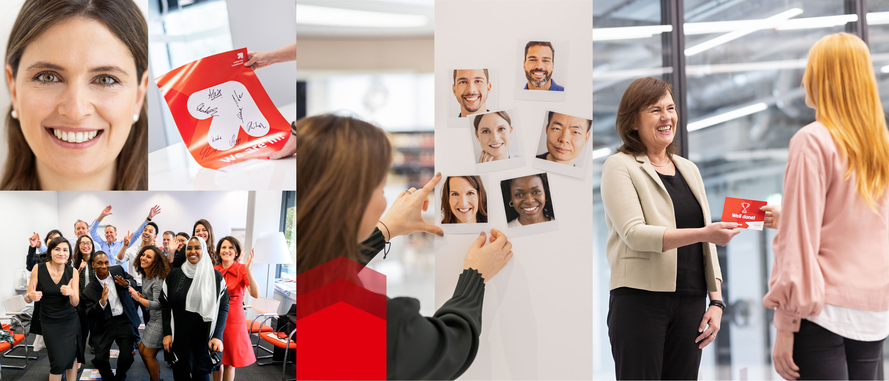 Un collage del entorno de trabajo de Henkel. Nuestros empleados de Henkel siempre juegan en equipo. 