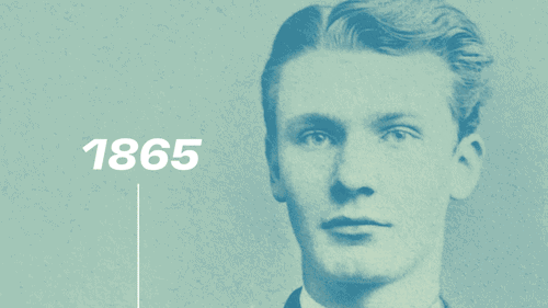 Un GIF muestra a Fritz Henkel a lo largo del tiempo. Se puede ver a Fritz Henkel sucesivamente como un adolescente de 17 años en 1865, como un joven en 1876, como un hombre de mediana edad con barba en 1865 y, finalmente, como un anciano con cabello blanco y barba espesa en 1928.