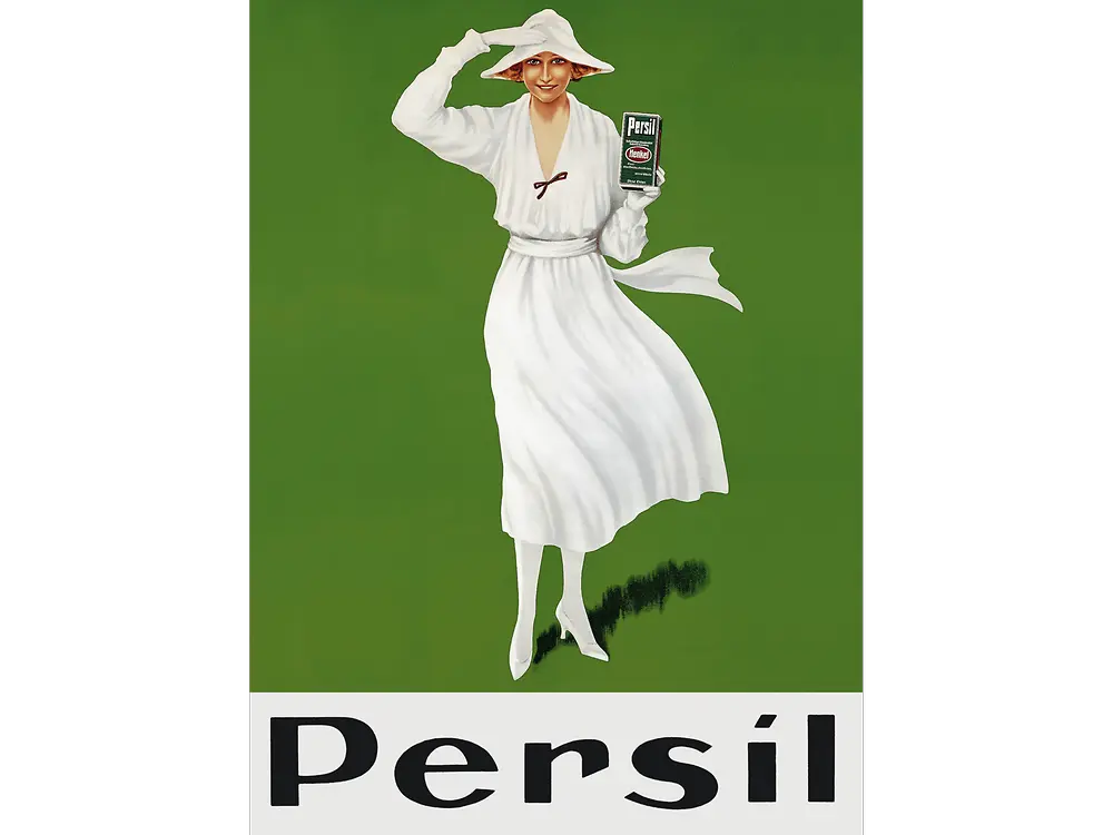 Ilustración de una persona con un vestido blanco vaporoso sosteniendo una caja de detergente Persil, sobre un fondo verde con el texto Persil en letras grandes en la parte inferior.