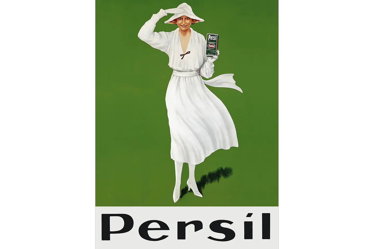 Ilustración de una persona con un vestido blanco vaporoso sosteniendo una caja de detergente Persil, sobre un fondo verde con el texto Persil en letras grandes en la parte inferior.