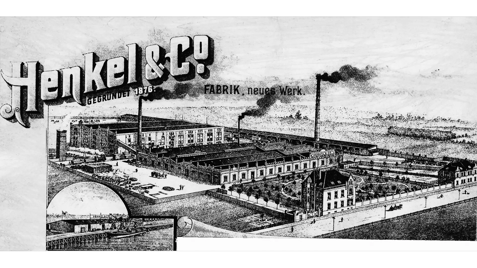 Membretes de Henkel con una imagen de la planta de Holthausen y una sección del puerto de Reisholz en la esquina inferior izquierda.