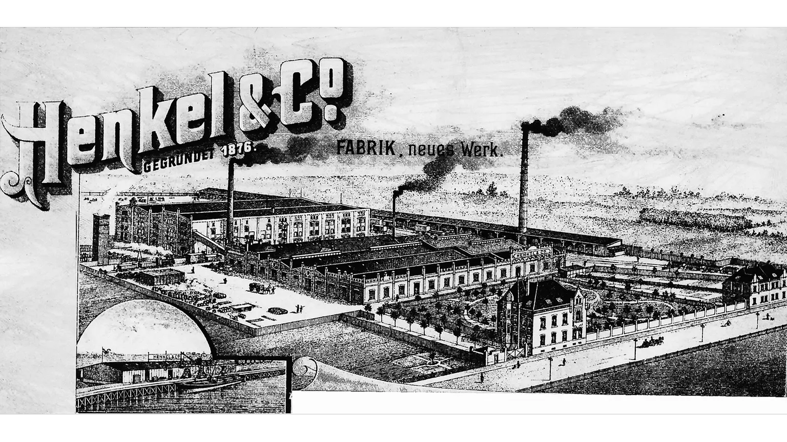 Membretes de Henkel con una imagen de la planta de Holthausen y una sección del puerto de Reisholz en la esquina inferior izquierda.