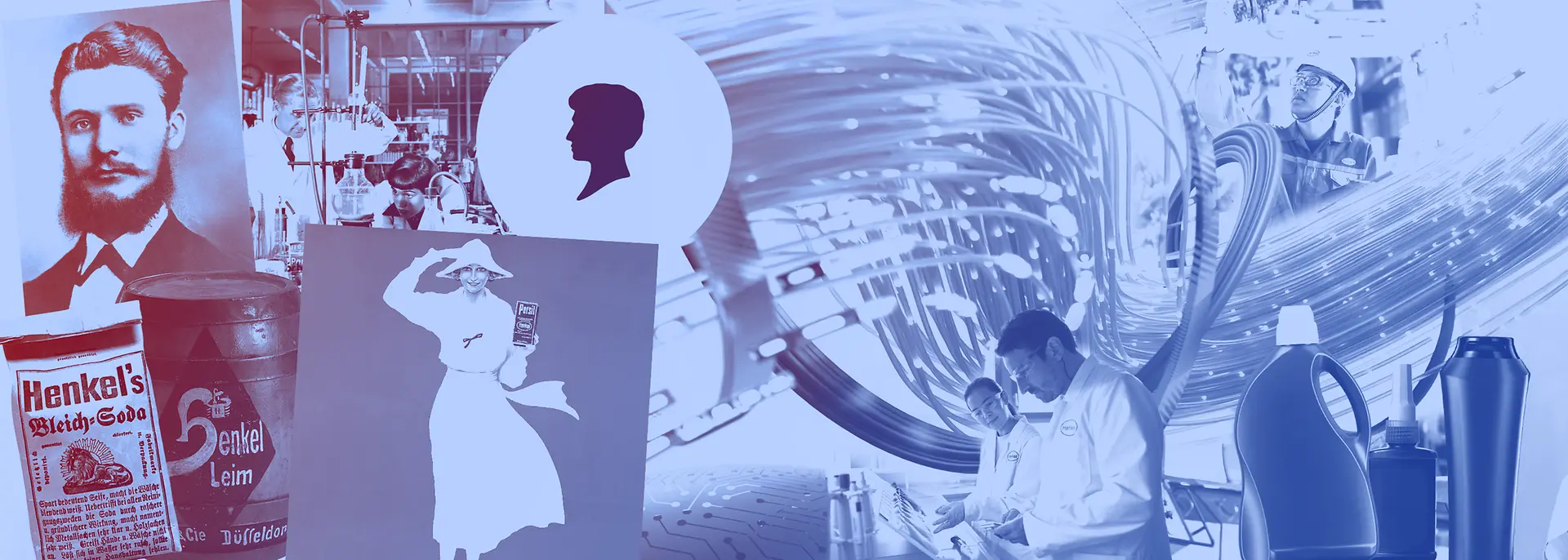 Collage de productos vintage de Henkel, botellas de detergente, trabajadores de laboratorio y anuncios históricos en tonos azules.