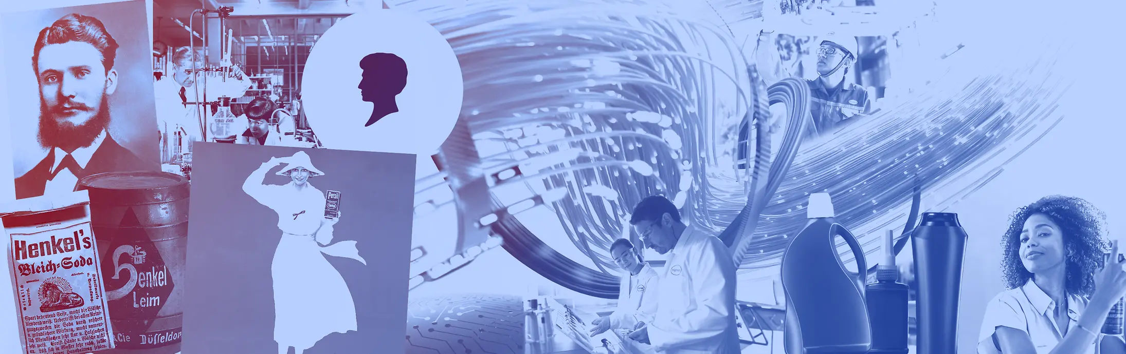 Collage de productos vintage de Henkel, botellas de detergente, trabajadores del laboratorio y anuncios históricos en tonos azules.