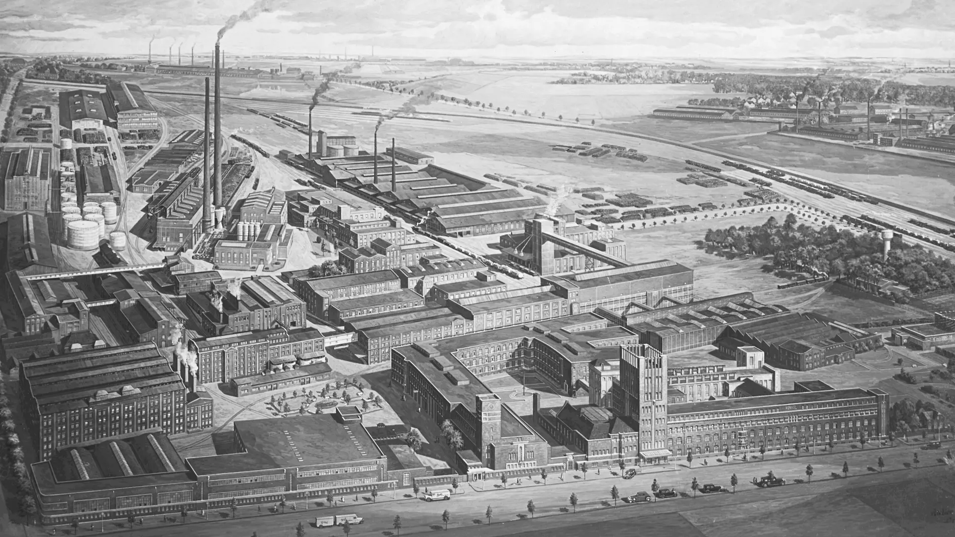 Vista exterior dibujada de las instalaciones de Henkel en Düsseldorf-Holthausen.