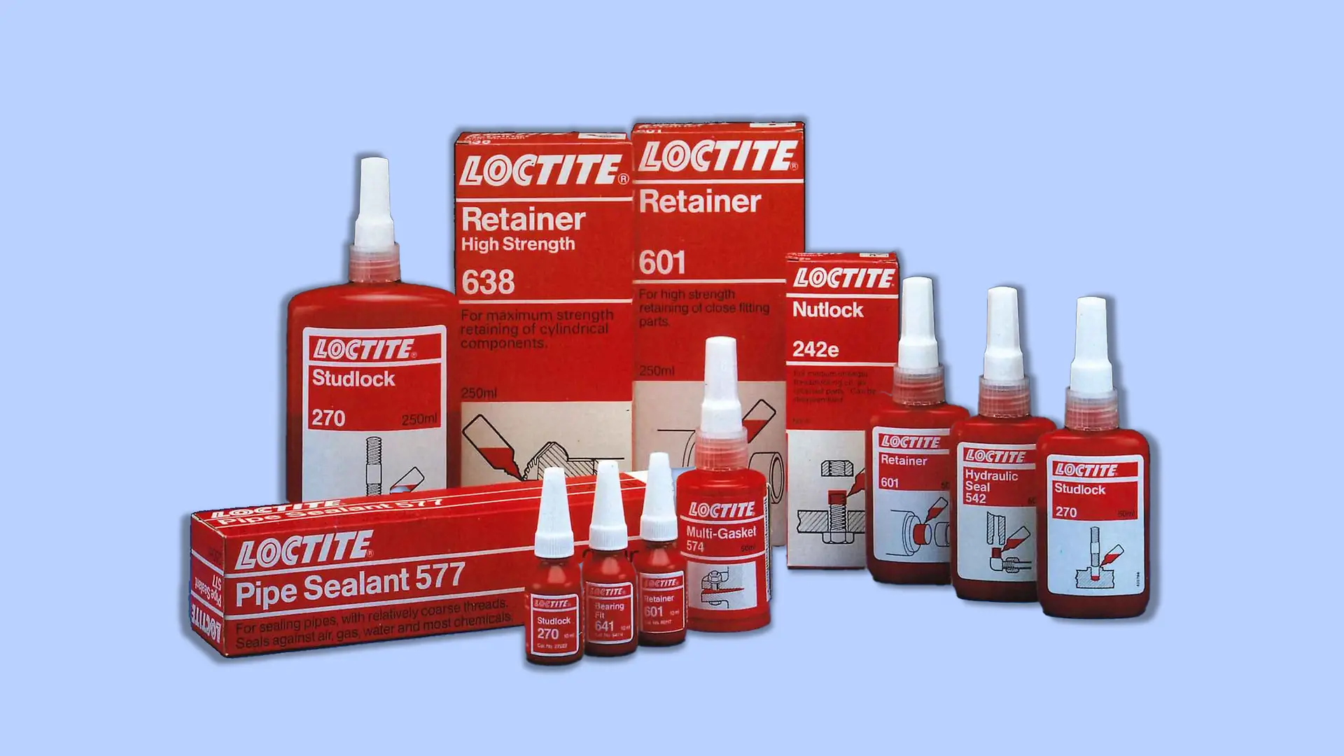 La gama Loctite de la década de 1990: diversos productos para aplicaciones industriales.