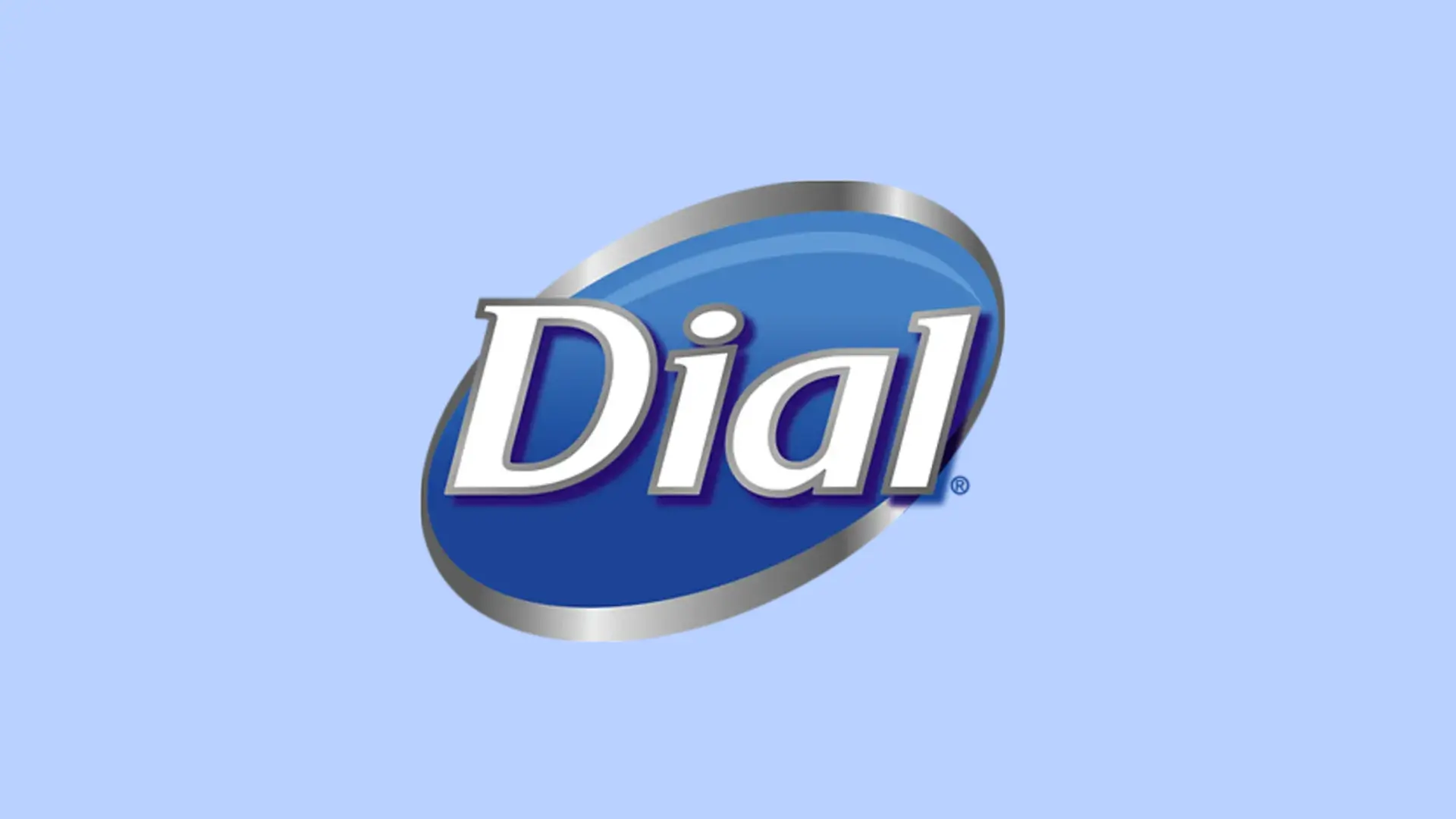 El logotipo azul, blanco y plateado de Dial sobre un fondo azul claro.