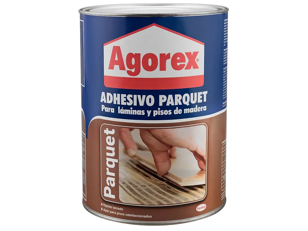 Lata de adhesivo para pisos Agorex, con secado rápido y apto para pisos calefaccionados.