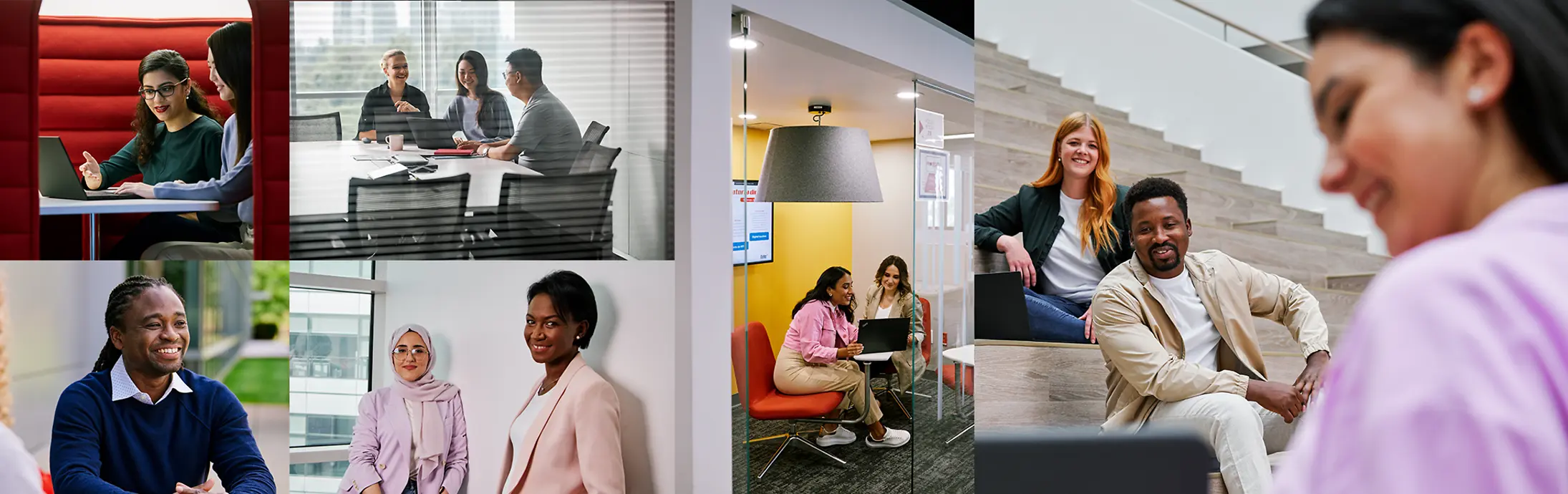 Collage de escenas que muestran a personas participando en diferentes etapas de un proceso de solicitud y entrevistas, incluidas personas que trabajan en computadoras portátiles, conversan con otras personas en entornos de oficina y presentan información durante una conversación.