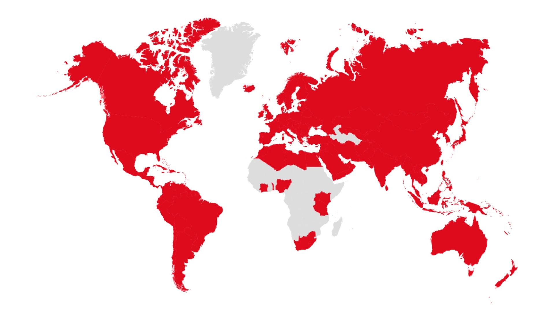 Mapa del mundo en gris mostrando en rojo los países en los que Henkel está representado.